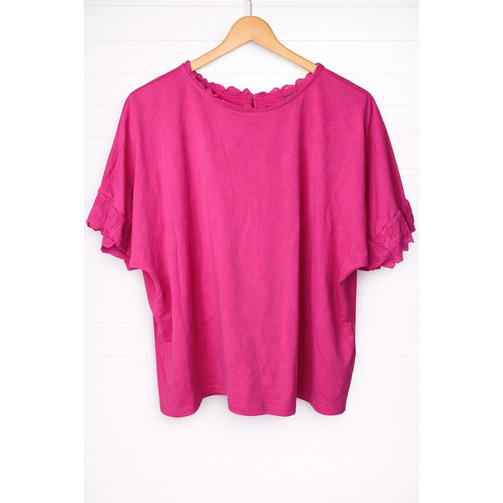 Ann Taylor NWOT Pink Eyelet  Sleeve Knit Rayon Stretch Blouse Top L Casual